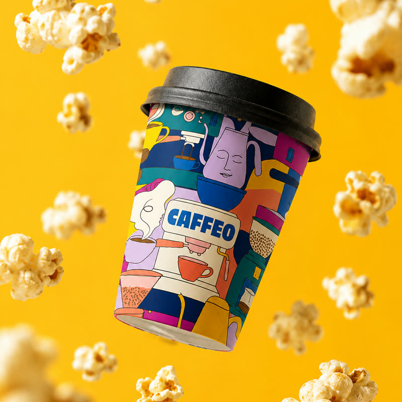 A Caffeo cup surrounded by popcorn for the Caramel Popcorn Latte